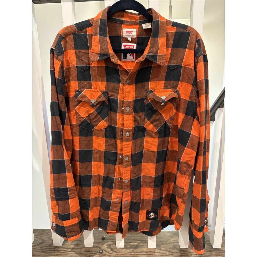 Levis San Francisco Giants Flannel Shirt Mens Large Orange Plaid Button Up MLB